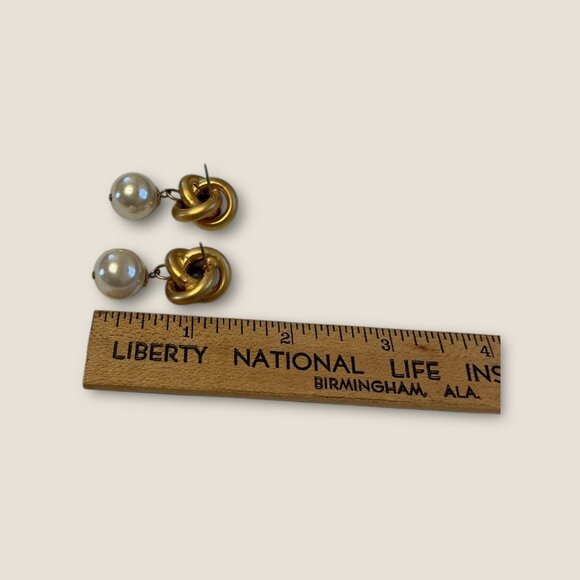 Vintage Love Knot Faux Pearl Dangle Earrings Brushed Gold Finish - Picture 5 of 5